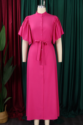 Casual plus size non-stretch 4 colors single-breasted with belt maxi dress