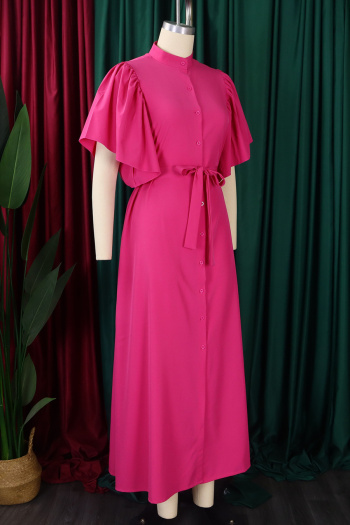 Casual plus size non-stretch 4 colors single-breasted with belt maxi dress