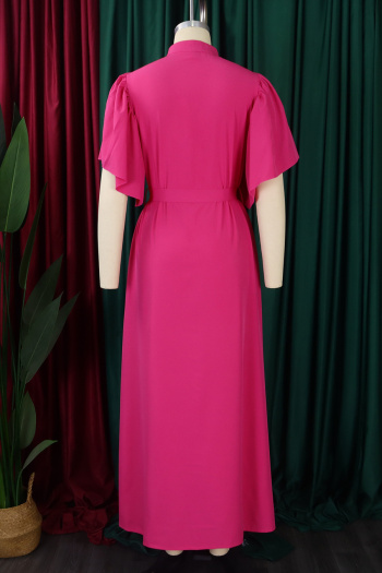 Casual plus size non-stretch 4 colors single-breasted with belt maxi dress