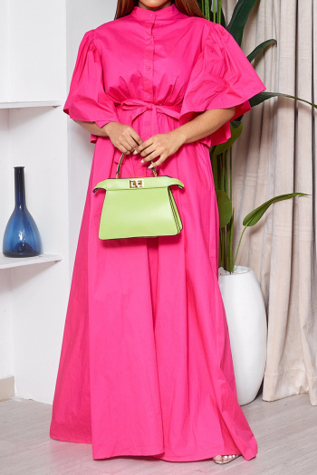 Casual plus size non-stretch 4 colors single-breasted with belt maxi dress