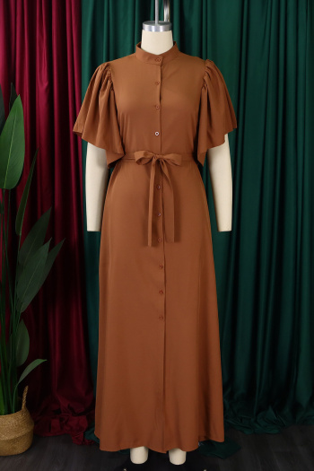 Casual plus size non-stretch 4 colors single-breasted with belt maxi dress