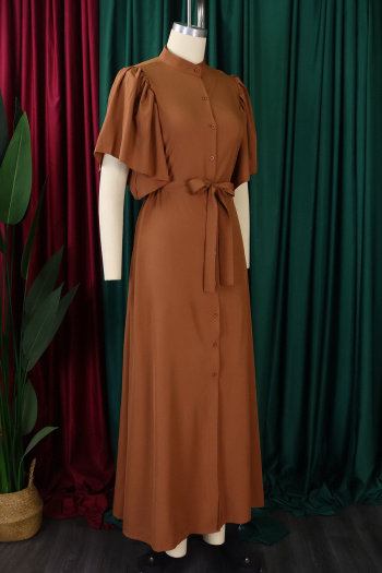 Casual plus size non-stretch 4 colors single-breasted with belt maxi dress