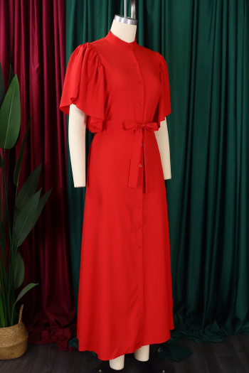 Casual plus size non-stretch 4 colors single-breasted with belt maxi dress