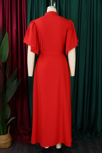 Casual plus size non-stretch 4 colors single-breasted with belt maxi dress