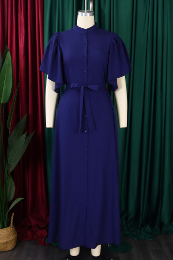 Casual plus size non-stretch 4 colors single-breasted with belt maxi dress
