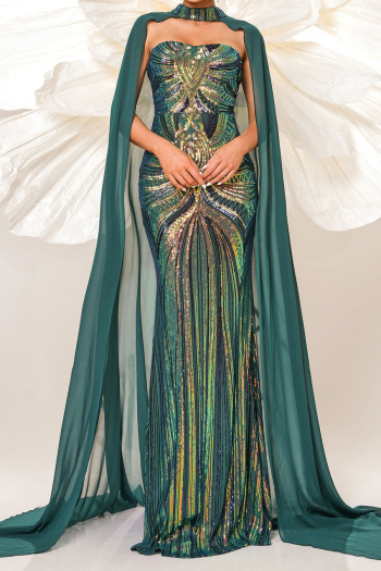 elegant slight stretch sequin decor padded maxi dress with long mesh cloak