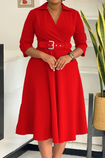 stylish plus size non-stretch 4 colors three-quarter sleeves midi dress & belt