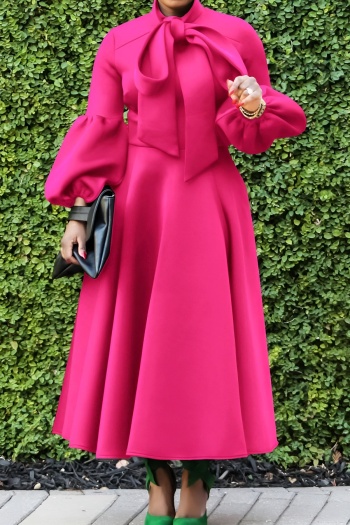 stylish plus size slight stretch 7 colors bow lantern sleeve midi dress