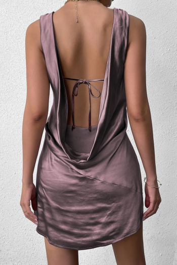 sexy non-stretch solid color satin fabric deep v backless slim mini dress