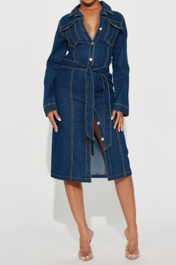 casual plus size non-stretch solid single-breasted with belt midi denim dress