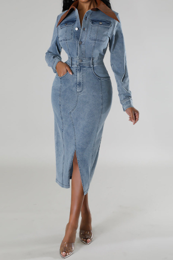 casual plus size non-stretch solid color slim slit midi denim dress
