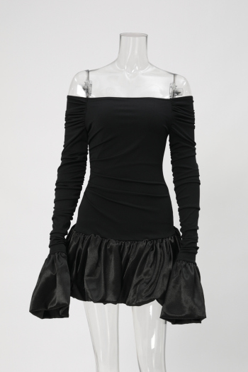 Casual slight stretch patchwork solid color one shoulder long sleeve mini dress