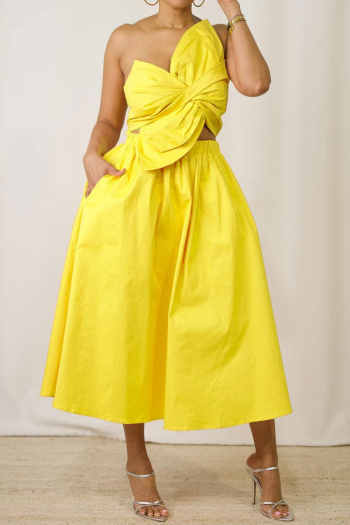 sexy plus size non-stretch one-shoulder sling solid color hollow midi dress