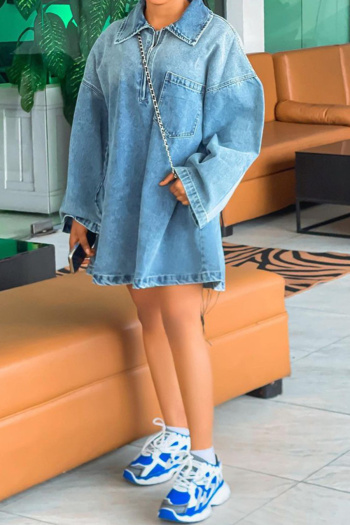 new casual plus-size patchwork denim loose long sleeve mini dress