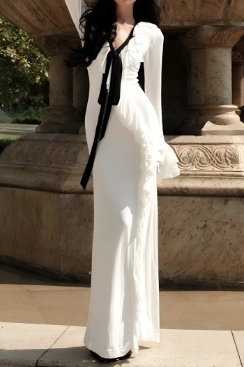 casual stretch contrasting v-neck long sleeve ruffly slit maxi dress