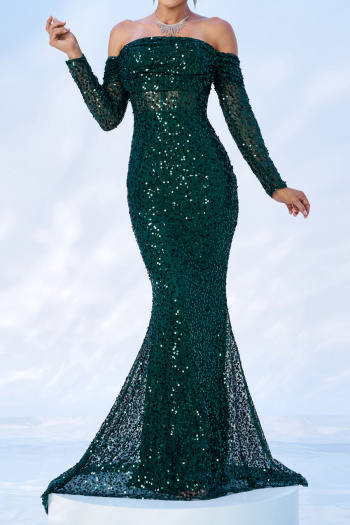 elegant high-end slight stretch sequin padded off shoulder maxi dress