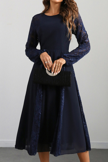 casual non-stretch chiffon stitching lace crew neck midi dress