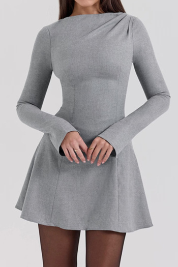 casual slight stretch simple solid color pleated long sleeve mini dress