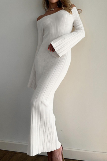 casual high stretch solid color knitted slim one shoulder midi dress