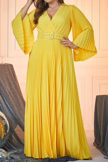 elegant plus size non-stretch solid color pleated maxi dress with belt
