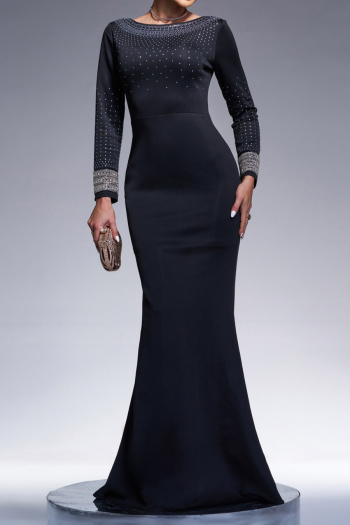elegant slight stretch rhinestone decor backless lace-up mermaid maxi dress