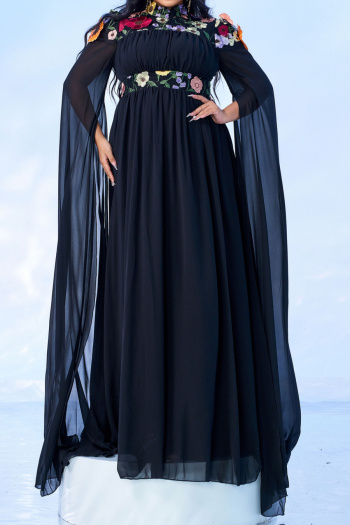 elegant plus size slight stretch appliqued mesh long ribbon maxi dress(no padded)