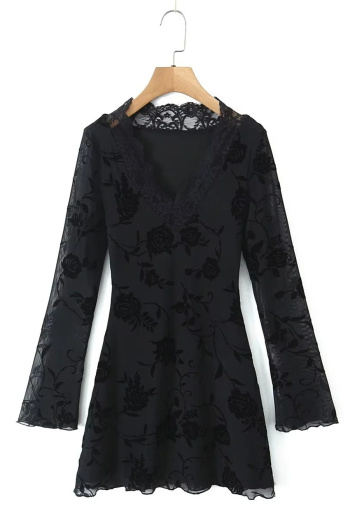 stretch lace mesh flocked flowers with lined casual mini dress size run small
