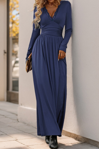 new casual slight stretch solid color patchwork lace slit maxi dress