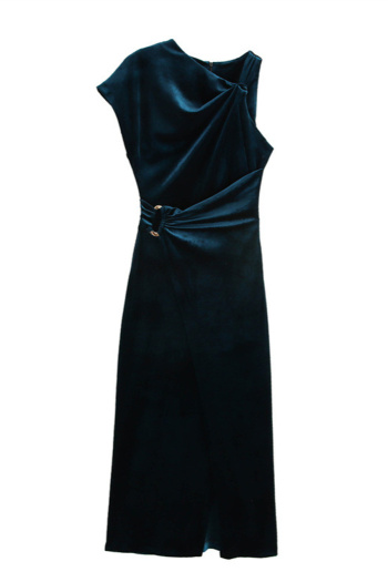 casual non-stretch velvet solid color crew neck midi dress