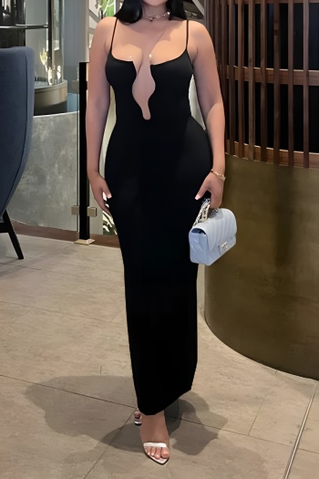 sexy plus size slight stretch solid color sling deep v slim slit maxi dress