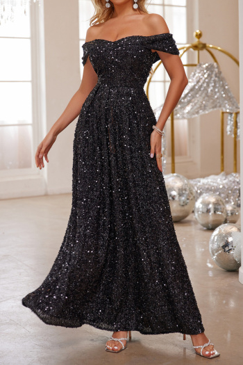 elegant non-stretch new solid color one-shoulder sequins maxi evening dress