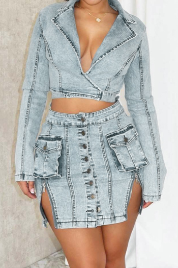 casual plus size slight stretch denim lapel hollow mini dress