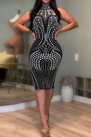 sexy plus size slight stretch mesh stitching slim rhinestone backless midi dress