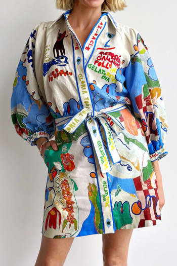 new casual no-stretch patchwork contrast doodle flax mini dress(with belt)