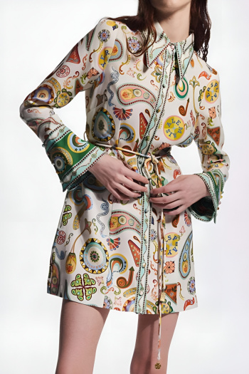 casual no-stretch patchwork flax paisley printing lapel mini dress(with belt)