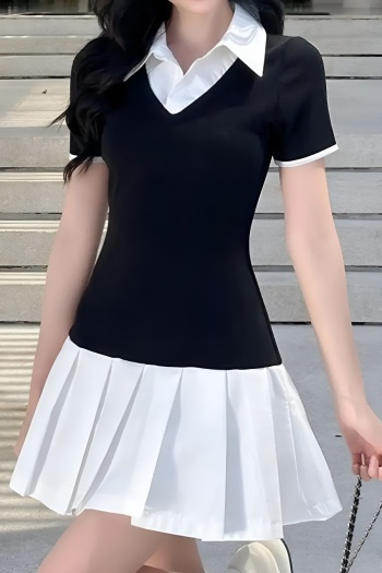 stylish slight stretch stitching fake two-piece pleated mini dress