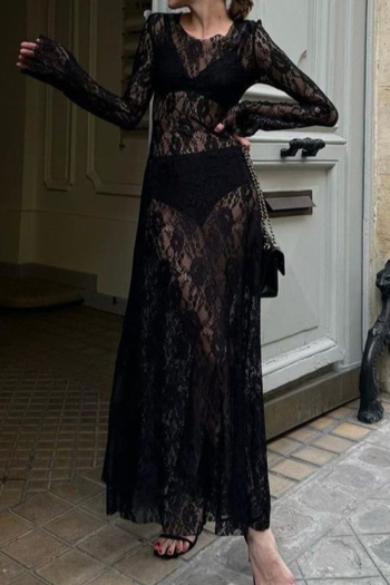 sexy slight stretch black patchwork lace see-through long sleeve maxi dress