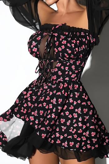 new stylish patchwork mesh lace-up see-through one shoulder mini floral dress
