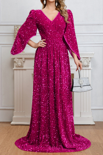 elegant non-stretch three-quarter sleeves sequins maxi mermaid evening dress