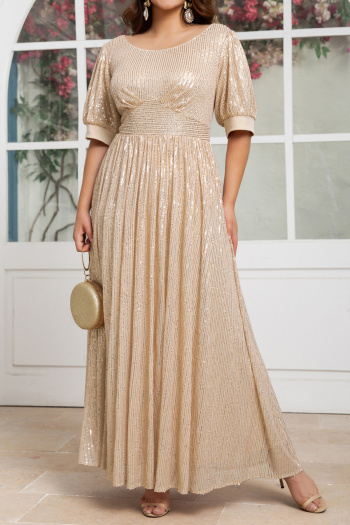 elegant plus size non-stretch solid color sequins short-sleeved maxi evening dress