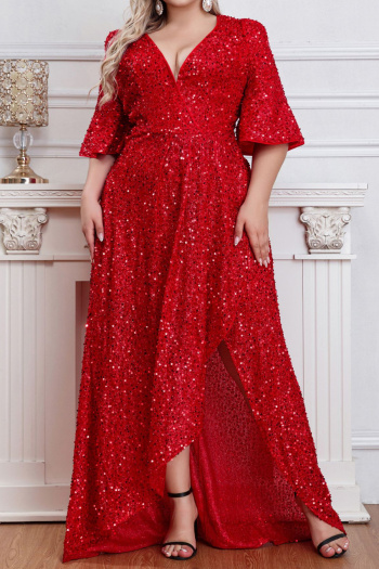 elegant plus size non-stretch sequins asymmetrical hem maxi evening dress