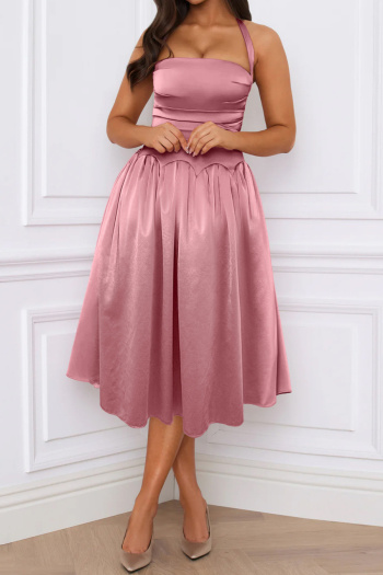 elegant slight stretch solid color halter neck pleated satin midi dress