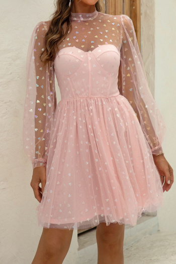 elegant non-stretch heart print see-through mesh hollow mini dress