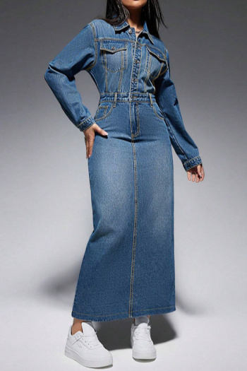 casual plus size non-stretch slim slit long sleeve maxi denim dress