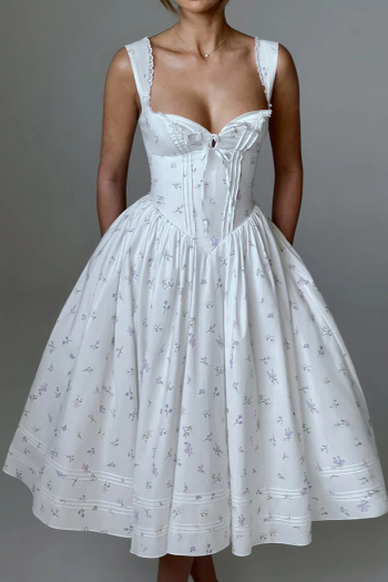 casual non-stretch lace straps drawstring floral midi dress size run small