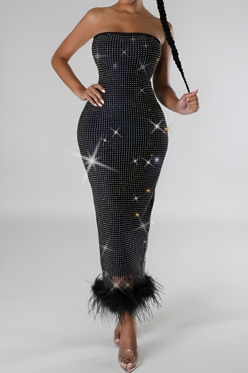 new sexy slight stretch mesh fuzzy bandeau midi sparkling dress(with liner)