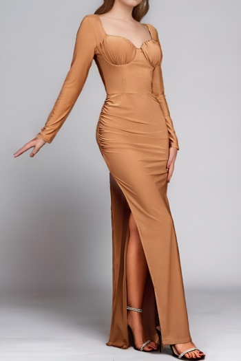 s-xl new elegant slight stretch solid color long sleeve slit maxi mermaid dress