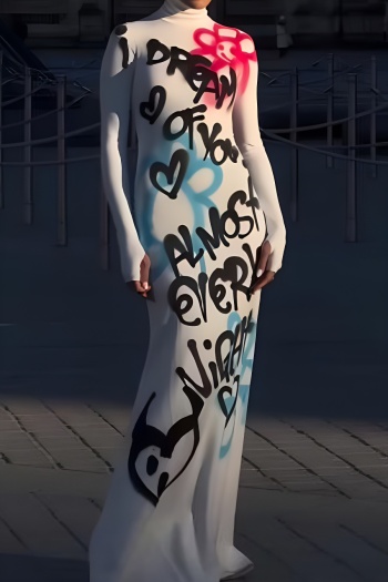 new casual slight stretch patchwork doodle fixed printing long sleeve maxi dress