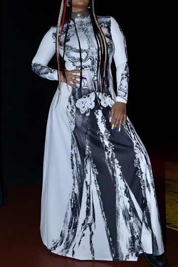 new casual slight stretch contrast fixed printing long sleeve maxi dress
