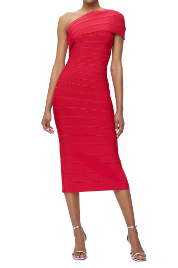 elegant slight stretch high quality solid one shoulder slim slit midi dress